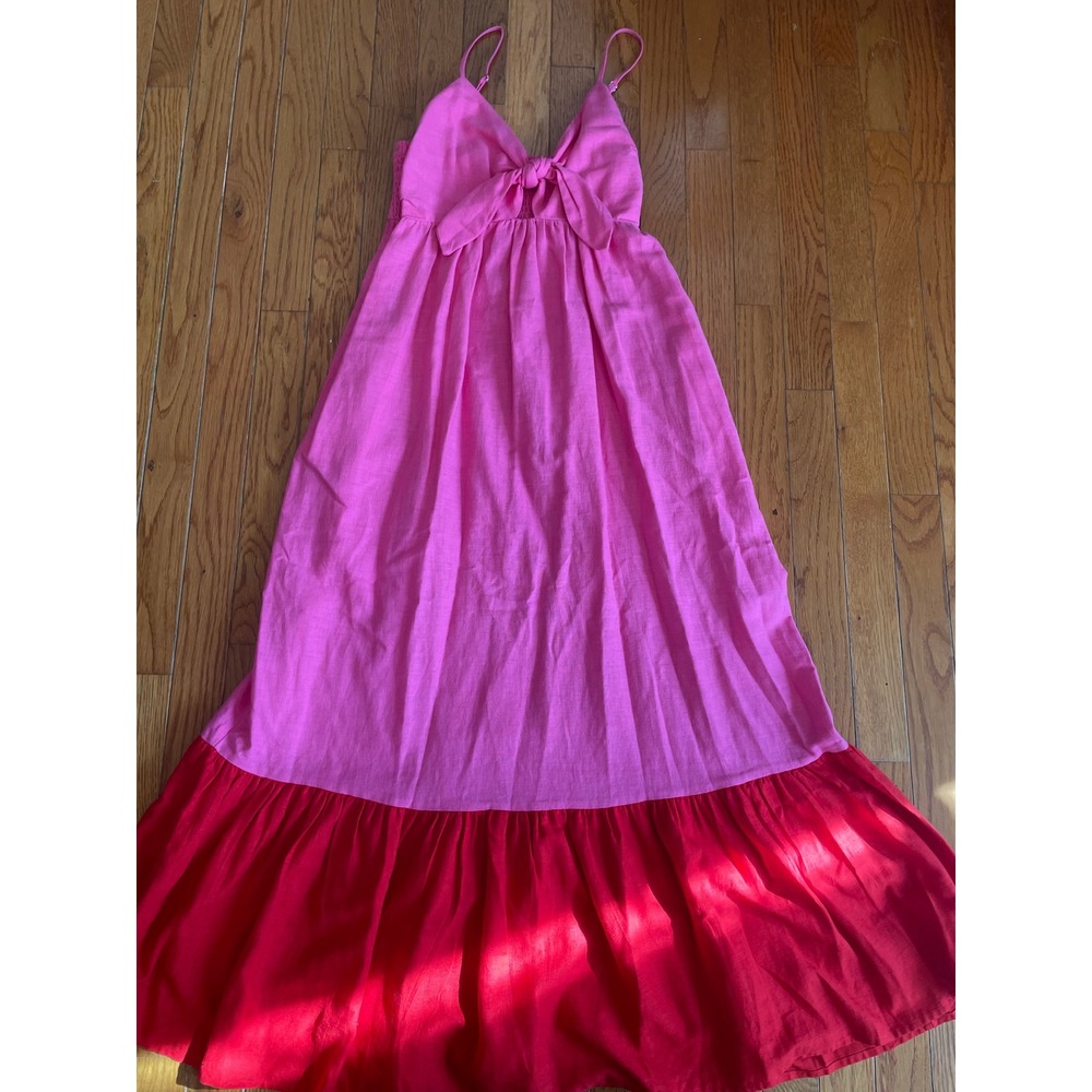 Tabitha Brown Dress Small Colorblock Pink Red Tie Front Midi Elastic Linen Blend